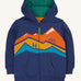 Frugi kids carbis hoodie in navy/blue mountain available at Babipur. A GOTS organic cotton hoodie in navy with a green inner. Features a full length zip and a mountainscape applique on the front with 2 pouch pockets 