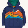 Frugi kids carbis hoodie in navy/blue mountain available at Babipur. A GOTS organic cotton hoodie in navy with a green inner. Features a full length zip and a mountainscape applique on the front with 2 pouch pockets 