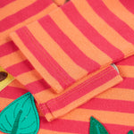 A closer look at the striped sleeves on the Frugi Bobby Applique Top - Cantaloupe Stripe/Giraffe