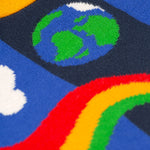 A closer look at the planet and rainbow swirl design on the Frugi Corin Knitted Cardigan - Blue Tang/Rocket Flight