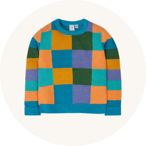 Frugi Lenny Knitted Jumper in Rainbow Checkerboard to represent Frugi baby and children jumpers, cardigans and sweatshirts for sale at Babipur.