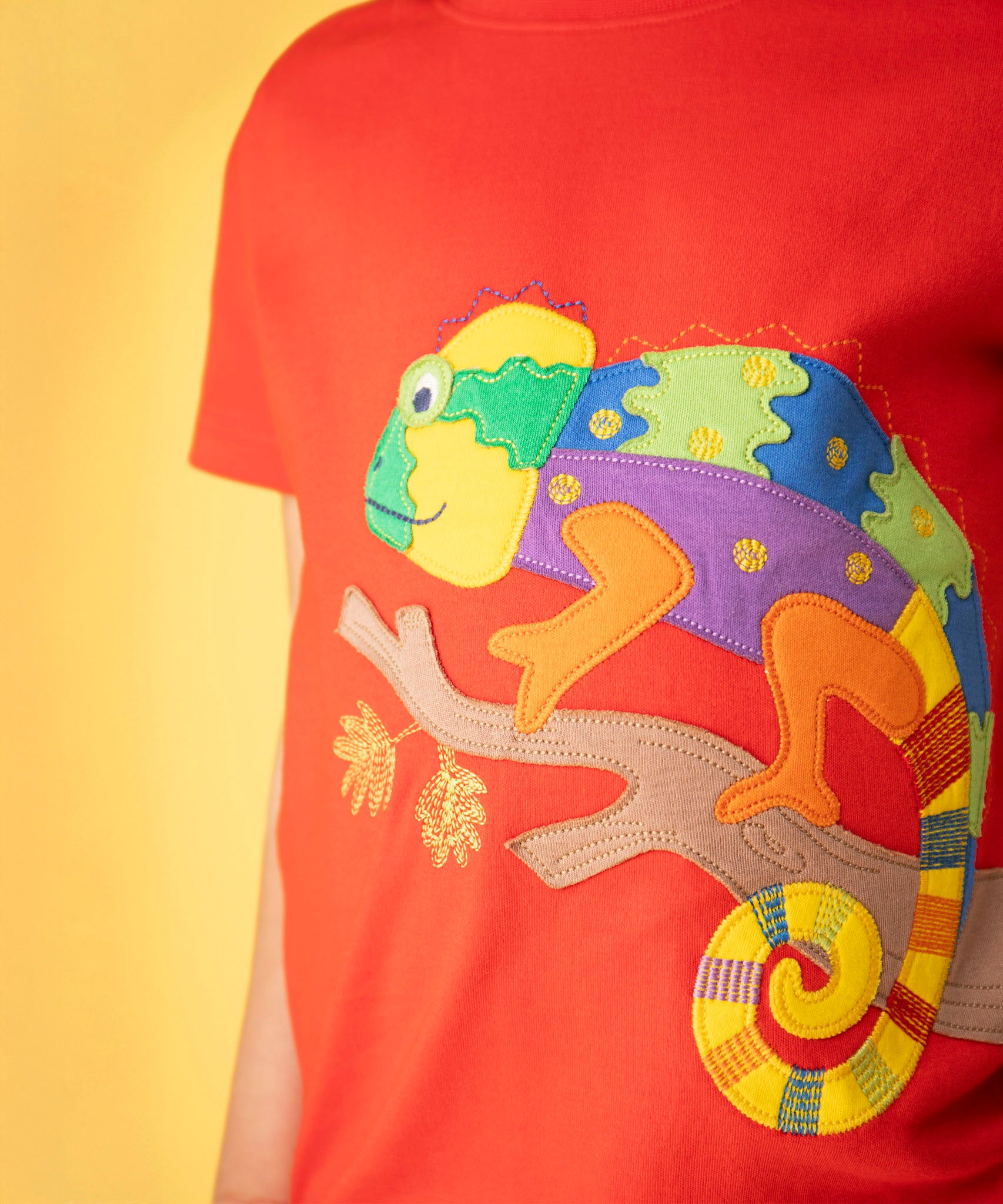 Close up of child wearing Frugi's carsen chameleon red tshirt, shows multicoloured chameleon patch on the front