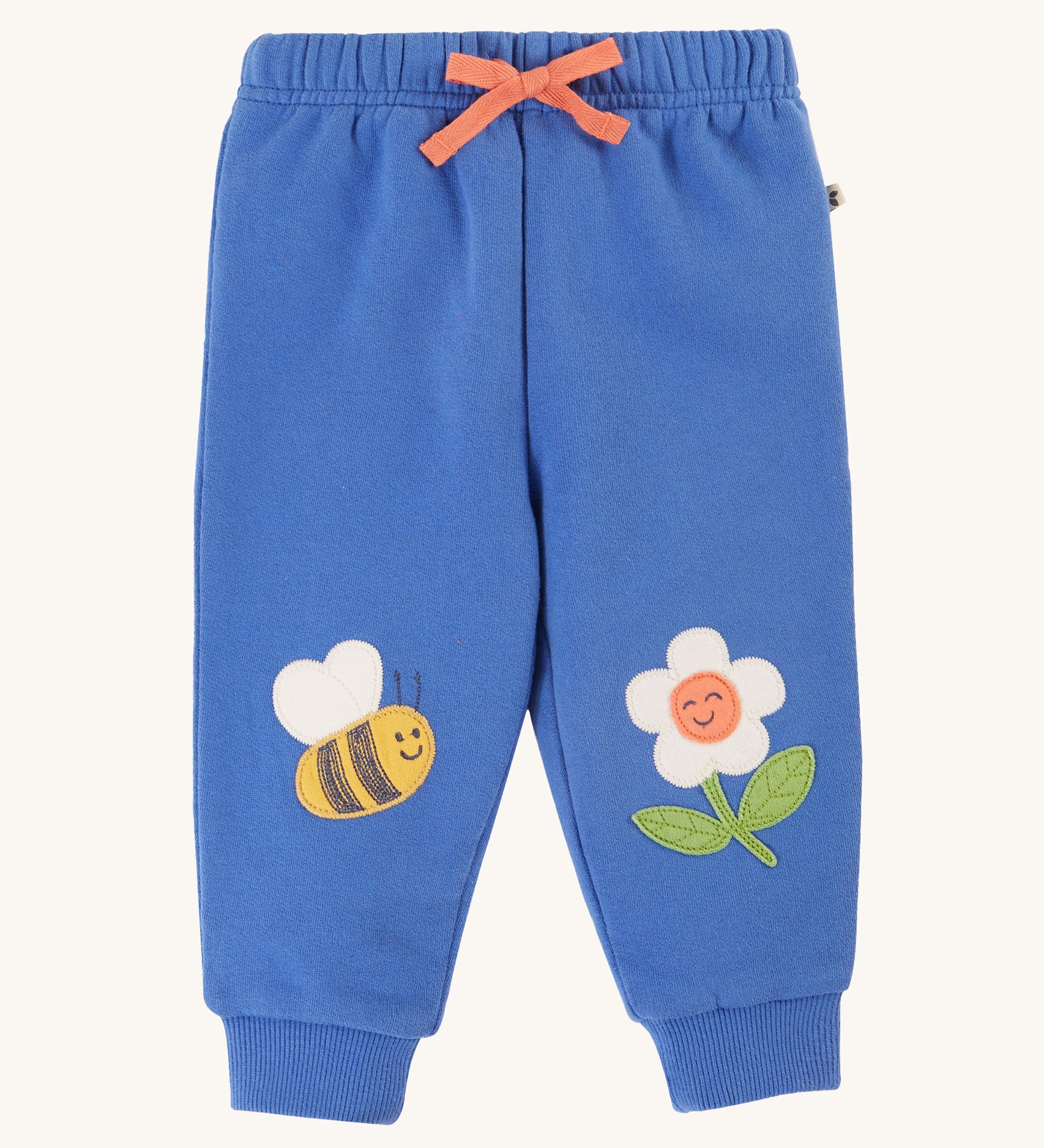 Frugi Character Crawlers - Blue Tang/Bee. Made from soft and durable organic cotton with a Bee and a flower appliqué on the knees, an elasticated waistband and a orange drawcord