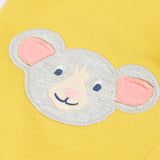 Frugi GOTS 100% organic cotton joggers in yellow showing a close up of the  cute mouse applique on the knee