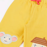 Frugi kids GOTS 100% organic cotton joggers in yellow with a cute mouse and house appliques on the knees and pink drawcord