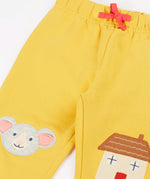 Frugi kids GOTS 100% organic cotton joggers in yellow with a cute mouse and house appliques on the knees and pink drawcord