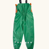 Back of the Frugi holly green/cow character puddle buster trousers showing star reflective patches on the lower legs