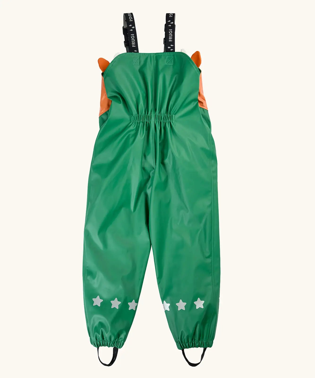 Back of the Frugi holly green/cow character puddle buster trousers showing star reflective patches on the lower legs