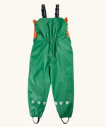 Back of the Frugi holly green/cow character puddle buster trousers showing star reflective patches on the lower legs