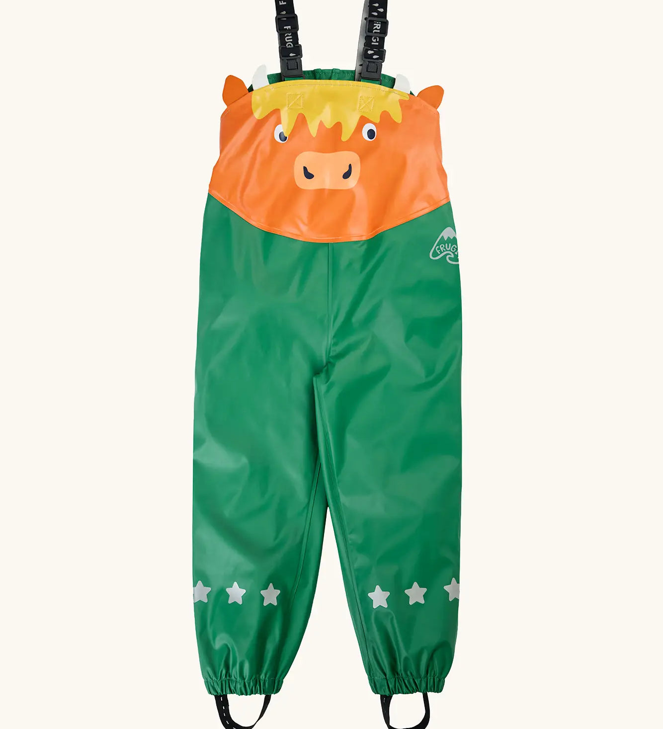 Frugi character puddle buster trousers showing a green leg and a highland cow upper body panel. Features elasticated shoulder straps