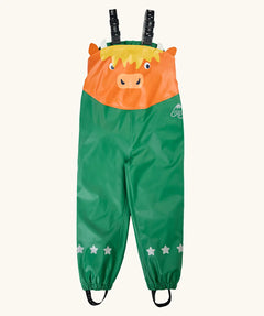 Frugi character puddle buster trousers showing a green leg and a highland cow upper body panel. Features elasticated shoulder straps