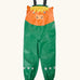 Frugi character puddle buster trousers showing a green leg and a highland cow upper body panel. Features elasticated shoulder straps