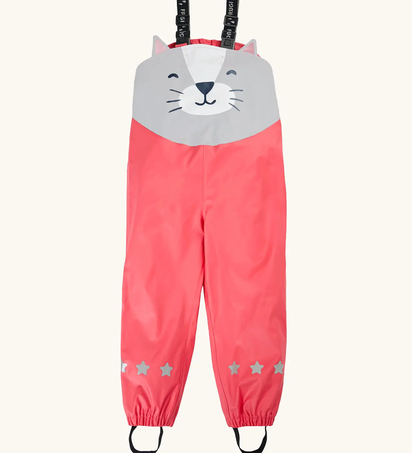 Frugi character puddle buster trousers showing a pink leg and a playful grey cat upper body panel. Features elasticated shoulder straps