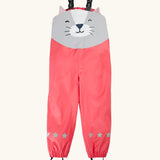 Frugi character puddle buster trousers showing a pink leg and a playful grey cat upper body panel. Features elasticated shoulder straps