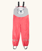 Frugi character puddle buster trousers showing a pink leg and a playful grey cat upper body panel. Features elasticated shoulder straps