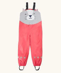 Frugi character puddle buster trousers showing a pink leg and a playful grey cat upper body panel. Features elasticated shoulder straps