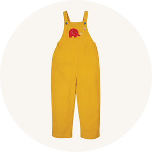 Babipur x Frugi gold organic cotton cord dungarees with a red Babipur Logo elephant applique on the pocket to represent Frugi Classics and Babipur Exclusives available at Babipur.
