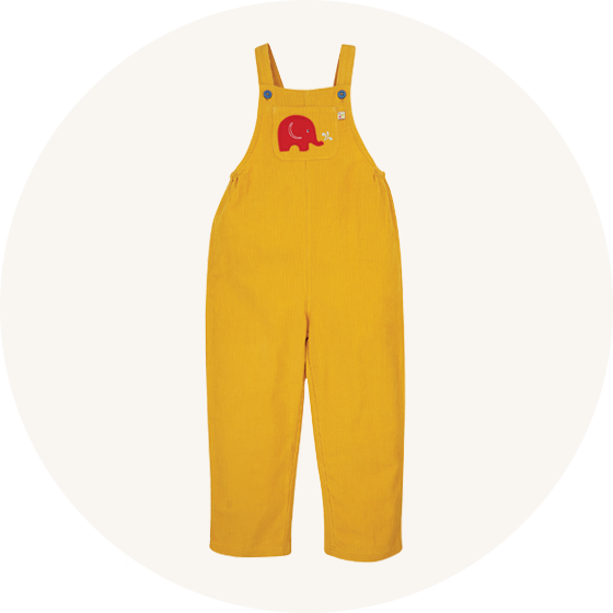 Babipur x Frugi gold organic cotton cord dungarees with a red Babipur Logo elephant applique on the pocket to represent Frugi Classics and Babipur Exclusives available at Babipur.
