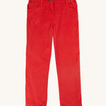 Frugi Clover Slim Cord Trousers - True Red. Made from soft and durable organic cotton cord and feature an adjustable waistband with keyhole elastic button, and pockets on the front and back