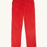 Frugi Clover Slim Cord Trousers - True Red. Made from soft and durable organic cotton cord and feature an adjustable waistband with keyhole elastic button, and pockets on the front and back