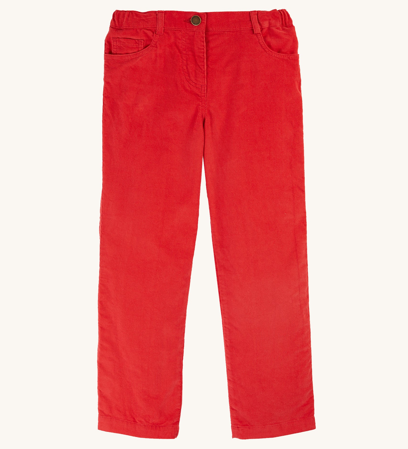 Frugi Clover Slim Cord Trousers - True Red. Made from soft and durable organic cotton cord and feature an adjustable waistband with keyhole elastic button, and pockets on the front and back