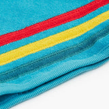 Frugi GOTS organic cotton coast towelling shorts in light blue laid flat showing the red, yellow and blue stripe detail on hem