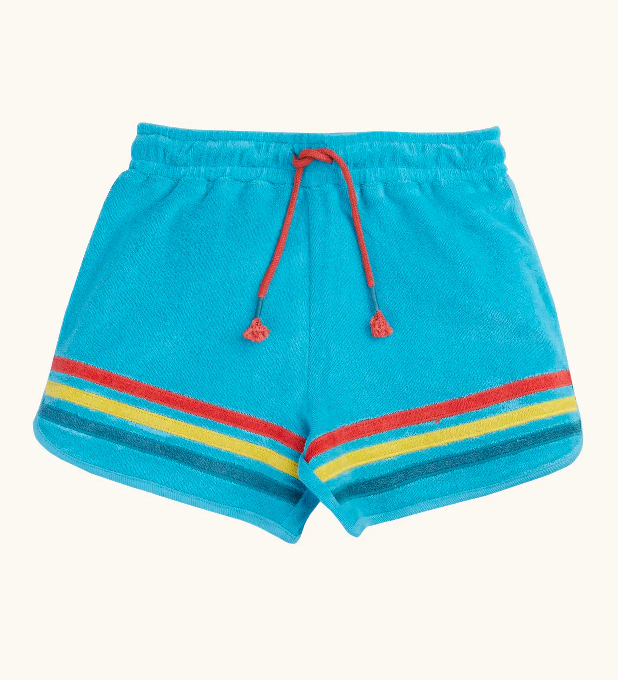 Frugi GOTS organic cotton coast towelling shorts in light blue with red, yellow, blue stripe on hem and red waist cord