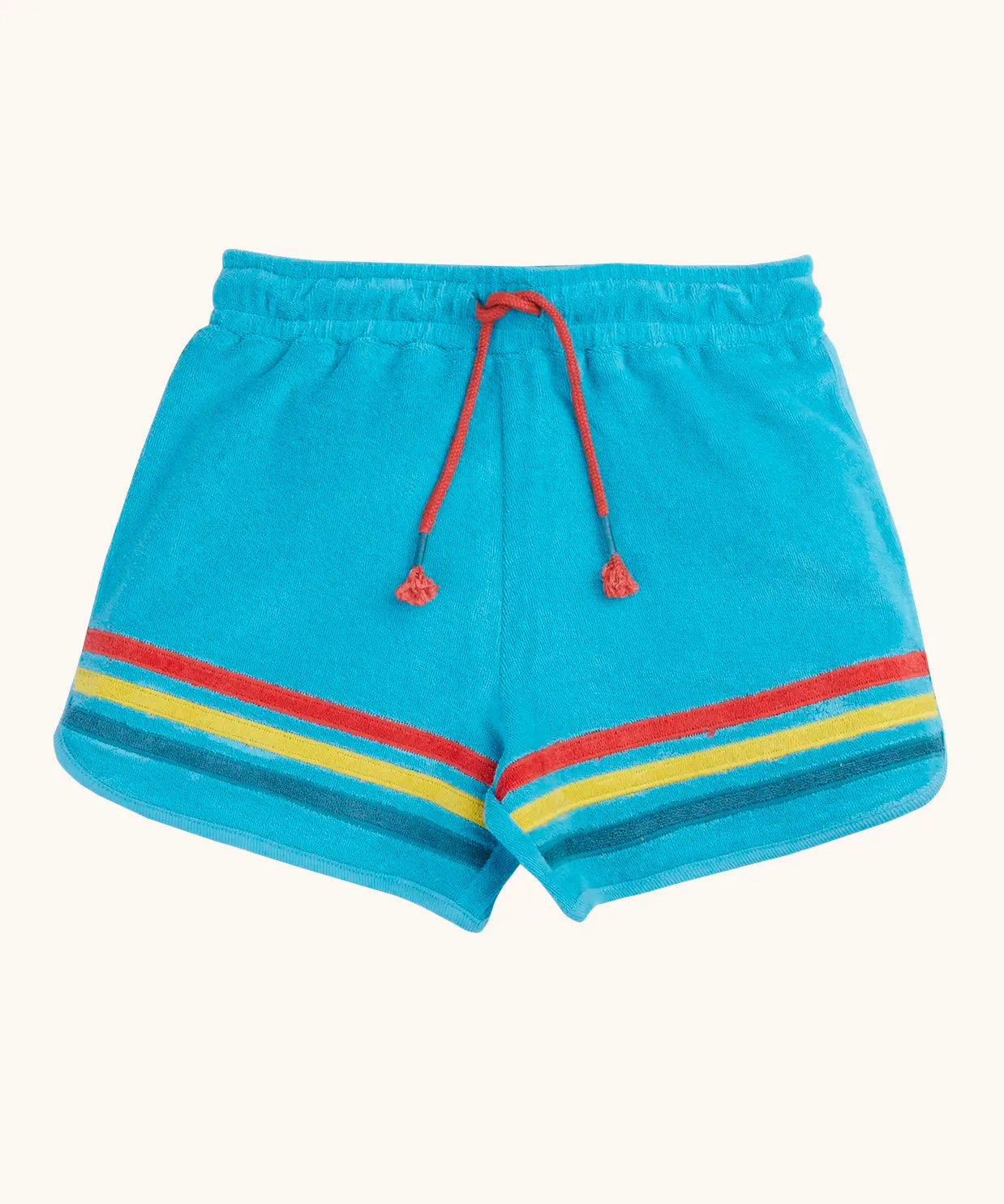 Frugi GOTS organic cotton coast towelling shorts in light blue with red, yellow, blue stripe on hem and red waist cord
