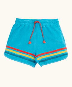 Frugi GOTS organic cotton coast towelling shorts in light blue with red, yellow, blue stripe on hem and red waist cord