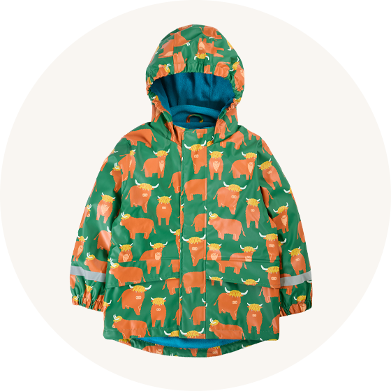 Frugi Puddle Buster Coat in green Highland Grazing all-over print to represent Frugi kids coats and outerwear at Babipur.