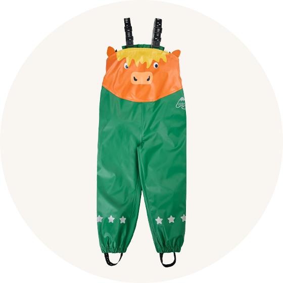 Frugi Puddle Buster overall trousers in Holly Green with highland Cow front and elasticated straps, to represent new Frugi baby and children clothing at Babipur.