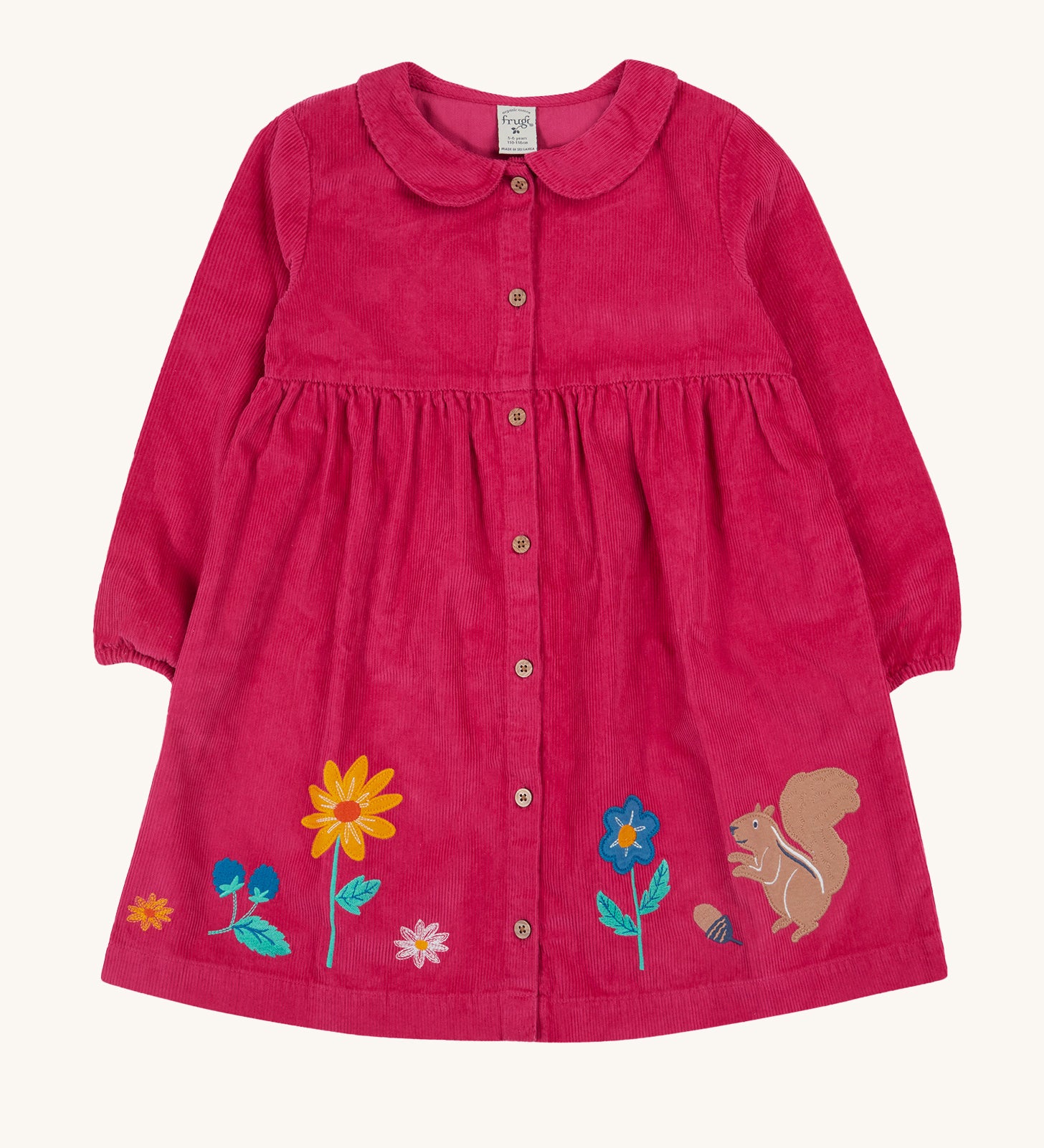 Frugi Coco Cord Dress - Lingonberry/Squirrel. A bright pink, button up  cord dress, with squirrel and flower applique details