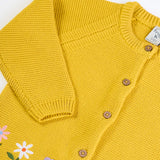 Frugi kids knitted cardigan in yellow laid flat showing a close up of the wooden buttons fasteners on the front