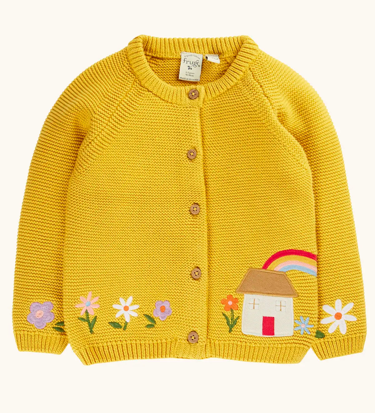 Frugi 100% GOTS organic cotton kids knitted cardigan in yellow with a cute house applique and flower embroidery. Features full front button fasteners