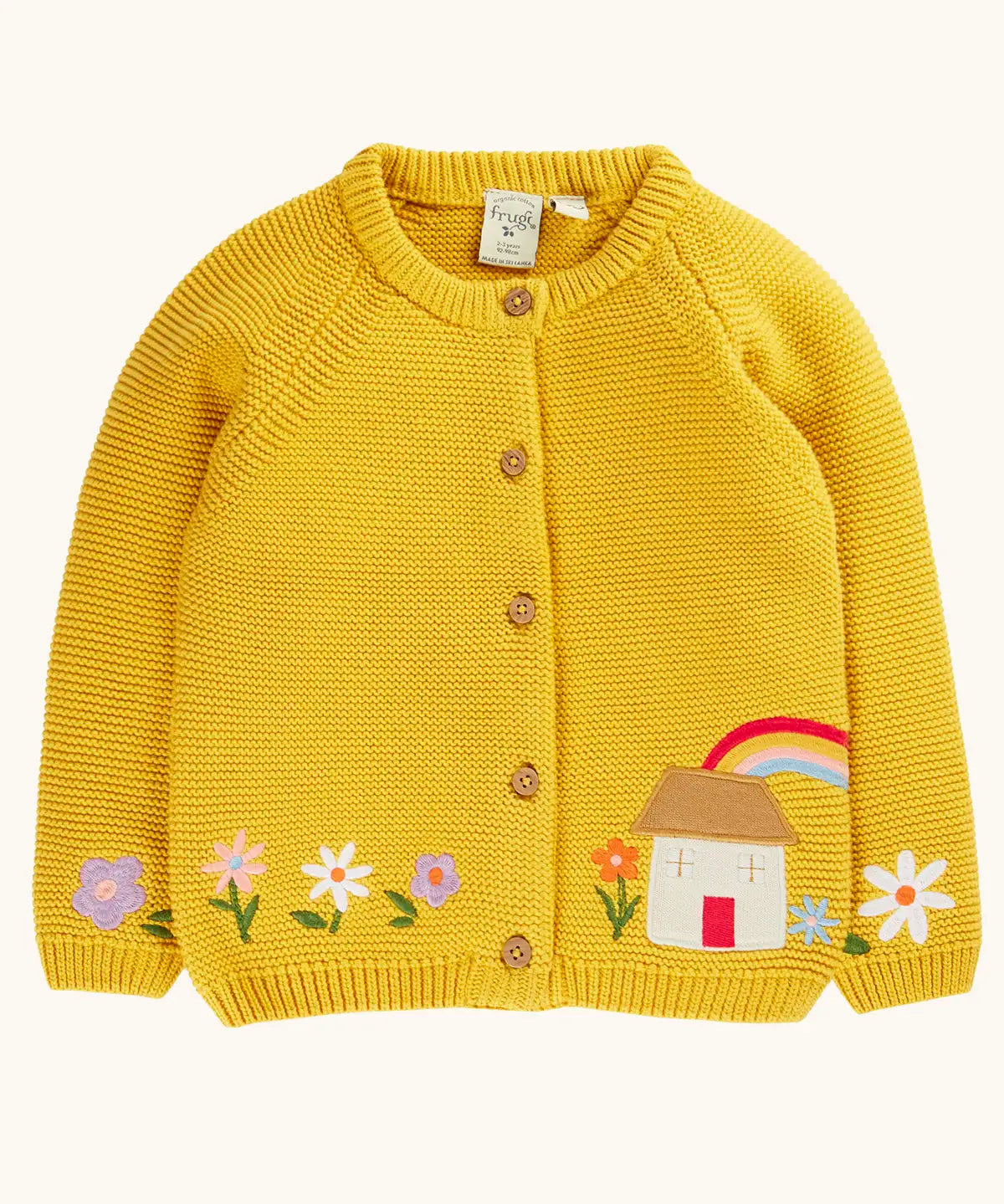 Frugi 100% GOTS organic cotton kids knitted cardigan in yellow with a cute house applique and flower embroidery. Features full front button fasteners