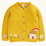 Frugi 100% GOTS organic cotton kids knitted cardigan in yellow with a cute house applique and flower embroidery. Features full front button fasteners