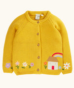 Frugi 100% GOTS organic cotton kids knitted cardigan in yellow with a cute house applique and flower embroidery. Features full front button fasteners