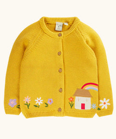 Frugi 100% GOTS organic cotton kids knitted cardigan in yellow with a cute house applique and flower embroidery. Features full front button fasteners