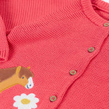 Frugi kids knitted cardigan in soft pink laid flat showing a close up of the wooden buttons fasteners on the front
