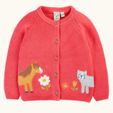 Frugi 100% GOTS organic cotton kids knitted cardigan in soft pink with a cute horse and cat appliques on the bottom. Features wooden button fasteners