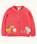 Frugi 100% GOTS organic cotton kids knitted cardigan in soft pink with a cute horse and cat appliques on the bottom. Features wooden button fasteners