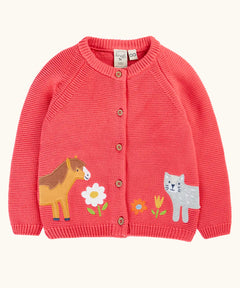Frugi 100% GOTS organic cotton kids knitted cardigan in soft pink with a cute horse and cat appliques on the bottom. Features wooden button fasteners