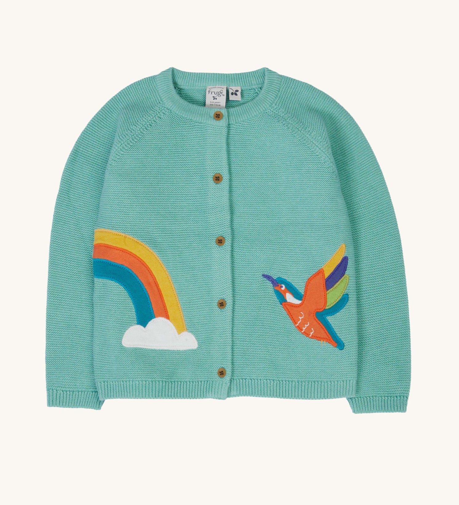 Frugi colby knitted cardigan in lichen / kingfisher available at Babipur. A GOTS organic cotton knitted cardigan in light blue with a rainbow and kingfisher applieque. Features full length button fasteners. 