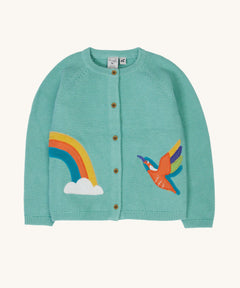 Frugi colby knitted cardigan in lichen / kingfisher available at Babipur. A GOTS organic cotton knitted cardigan in light blue with a rainbow and kingfisher applieque. Features full length button fasteners. 