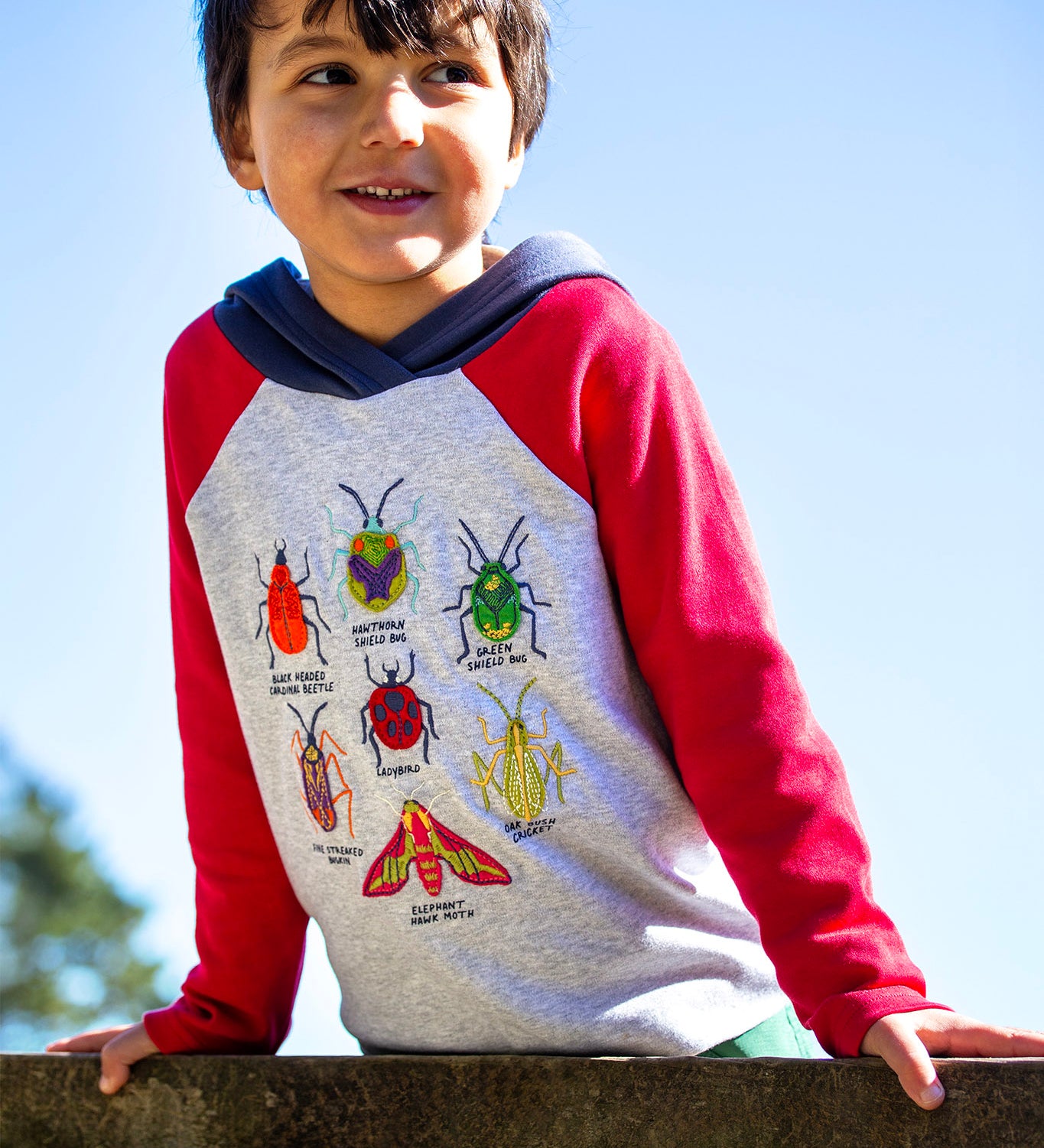 A child wearing the Frugi compass kids hooded top in grey with red raglan sleeve and navy hood available at Babipur. Features various colourful bug appliques on the front panel.