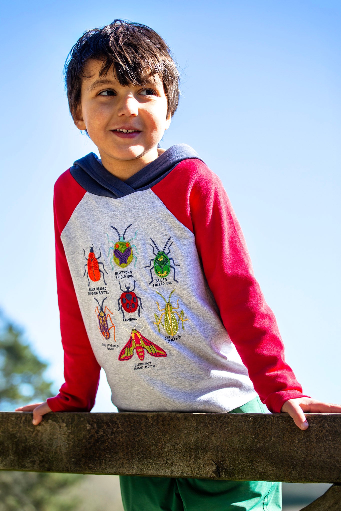 A child wearing the Frugi compass kids hooded top in grey with red raglan sleeve and navy hood available at Babipur. Features various colourful bug appliques on the front panel.