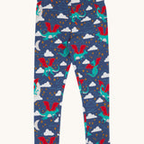 Frugi cosy leggings in navy/dragon skies available at Babipur. A GOTS organic cotton legging in navy with a green flying dragon print. Features a wam cosy inner lining and a elasticated waist band