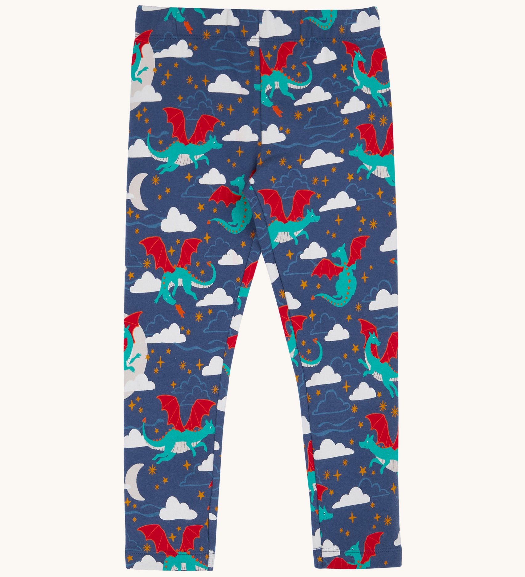 Frugi cosy leggings in navy/dragon skies available at Babipur. A GOTS organic cotton legging in navy with a green flying dragon print. Features a wam cosy inner lining and a elasticated waist band