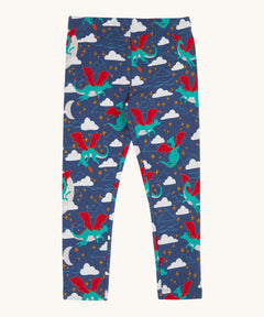 Frugi cosy leggings in navy/dragon skies available at Babipur. A GOTS organic cotton legging in navy with a green flying dragon print. Features a wam cosy inner lining and a elasticated waist band