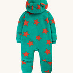 The back of the Frugi Cosy Ted Snuggle Suit - Bonfire Stars, showing the hood, green fleece with orange stars